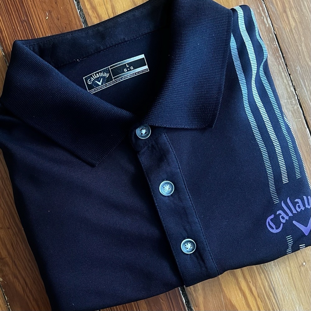 Callaway Golf Performance Long Sleeve Polo Shirt Men's Size L Black Purple Strip